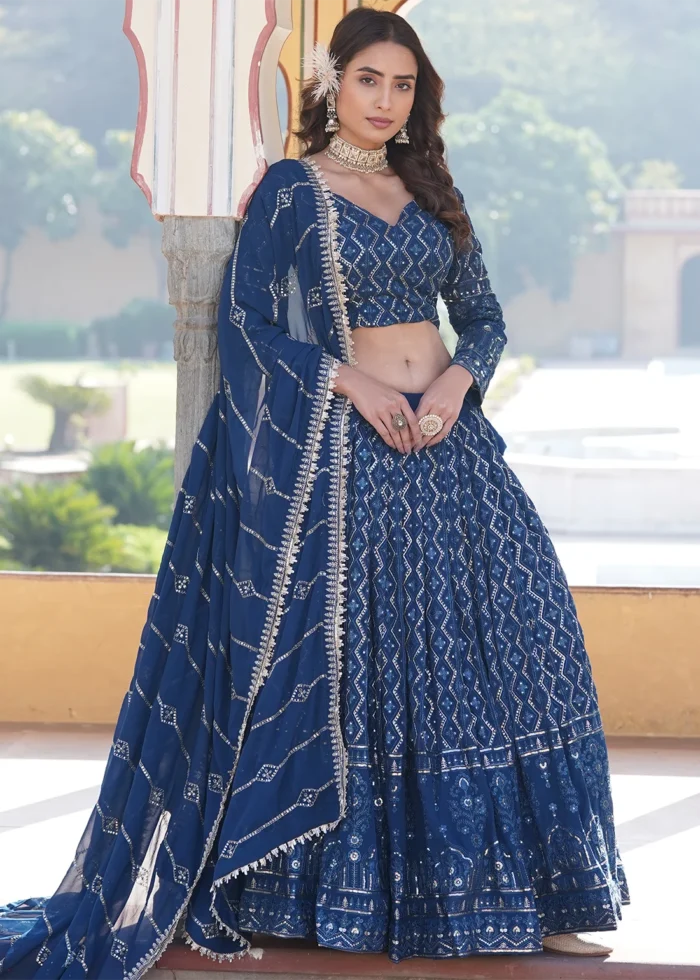 Peacock Blue Embroidered Georgette Lehenga