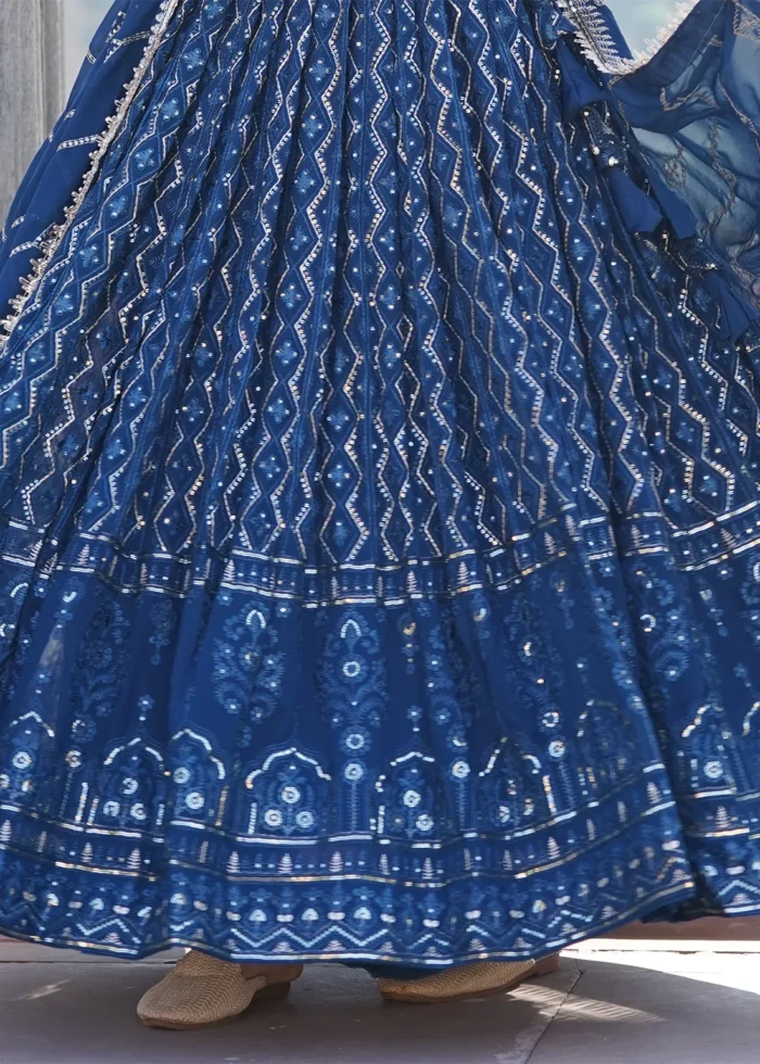 Peacock Blue Embroidered Georgette Lehenga