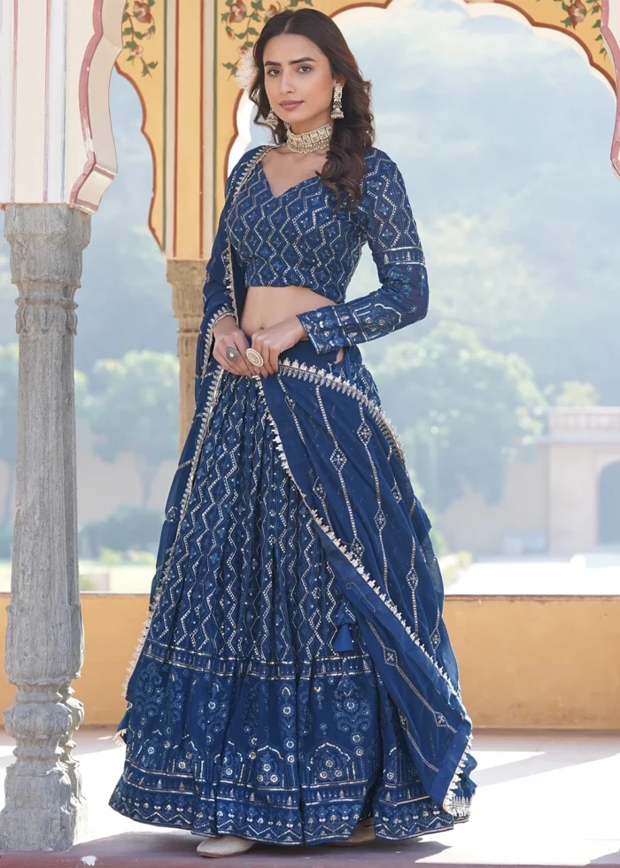 Peacock Blue Embroidered Georgette Lehenga