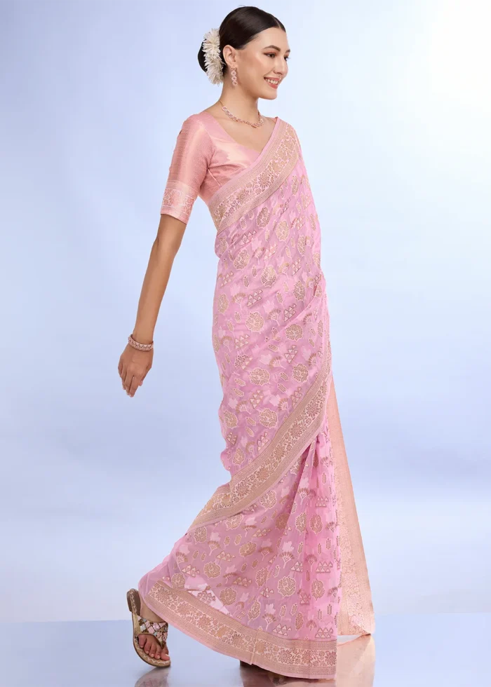 Pink Banarasi Organza Silk Saree