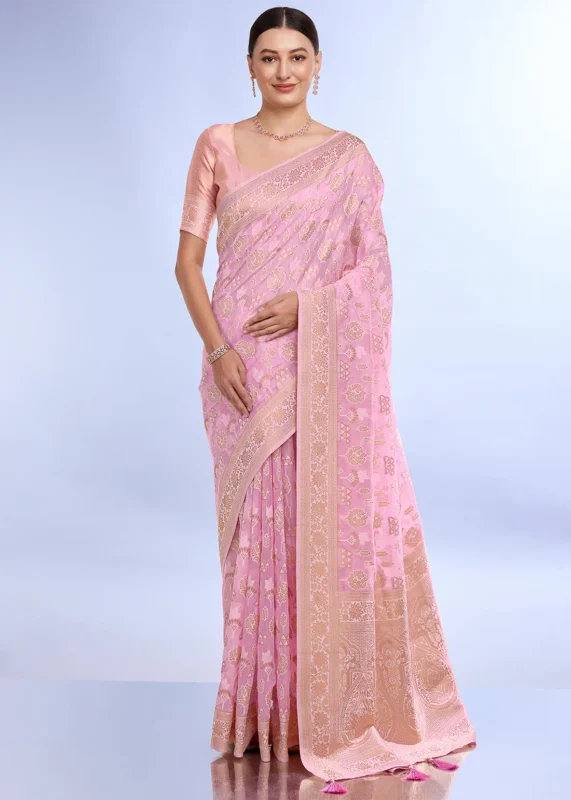 Pink Banarasi Organza Silk Saree