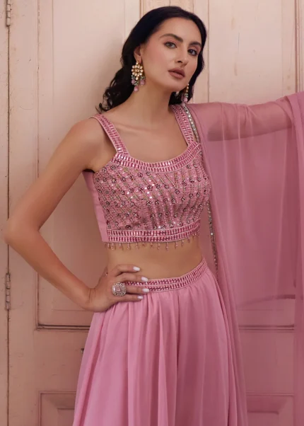 Pink Embroidered Georgette Crop Top Sharara