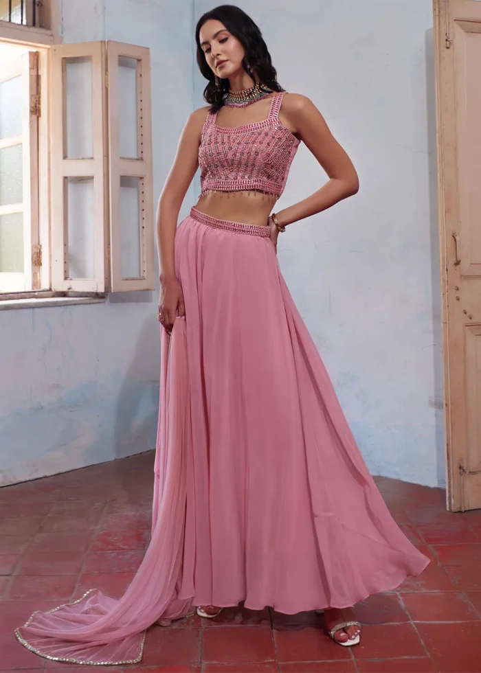 Pink Embroidered Georgette Crop Top Sharara