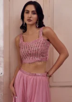 Pink Embroidered Georgette Crop Top Sharara