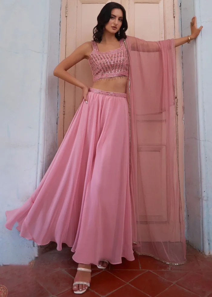 Pink Embroidered Georgette Crop Top Sharara