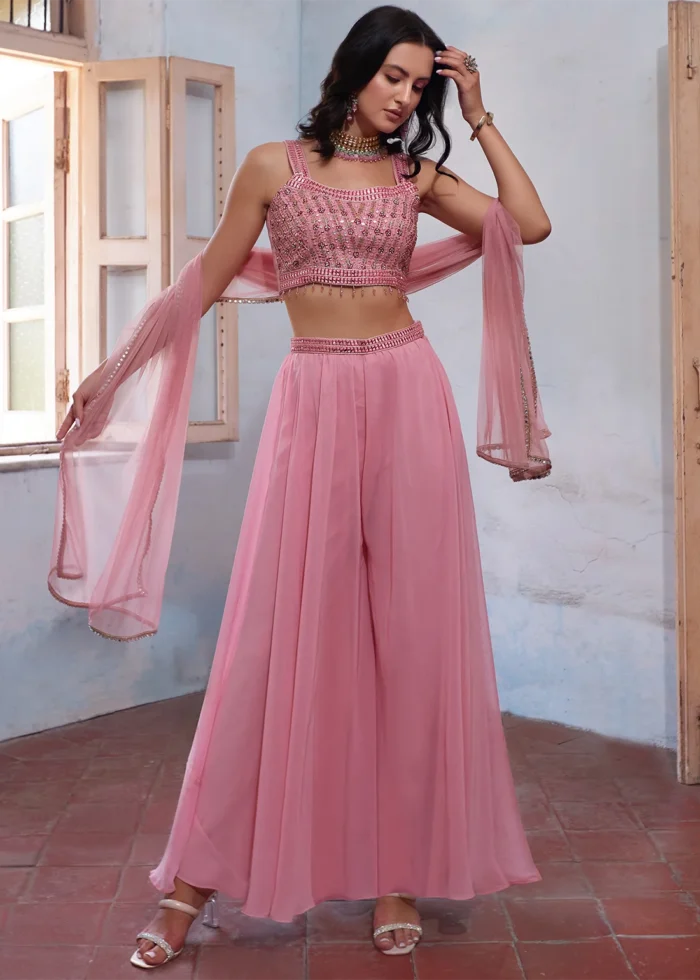 Pink Embroidered Georgette Crop Top Sharara