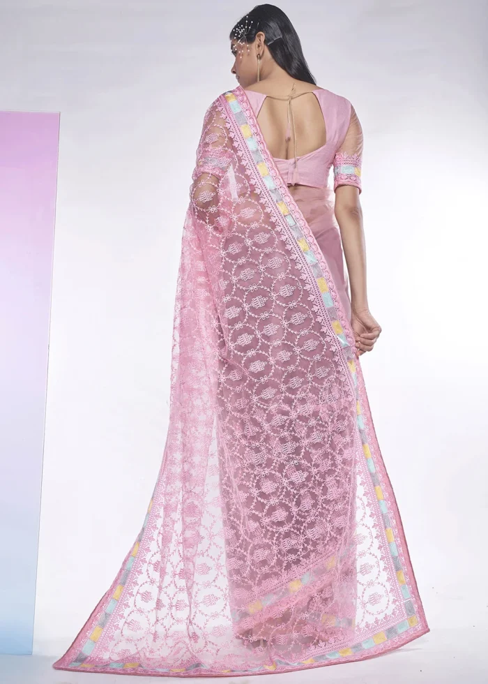 Pink Embroidered Net Saree