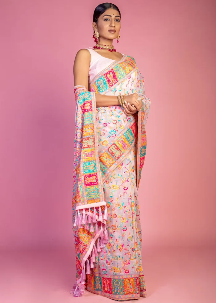 Pink Kashmiri Jamawar Pashmina Saree