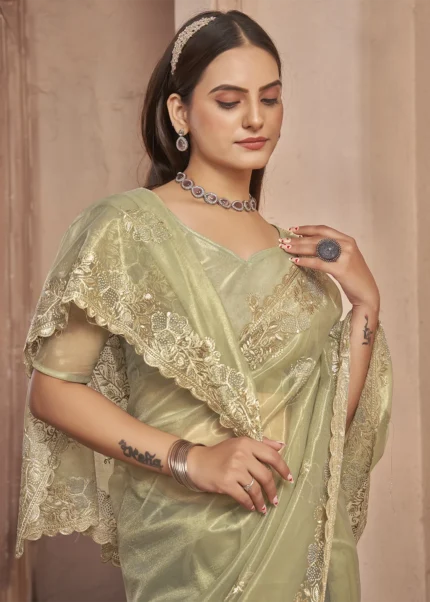 Pista Green Embroidered Net Saree with Stone Work