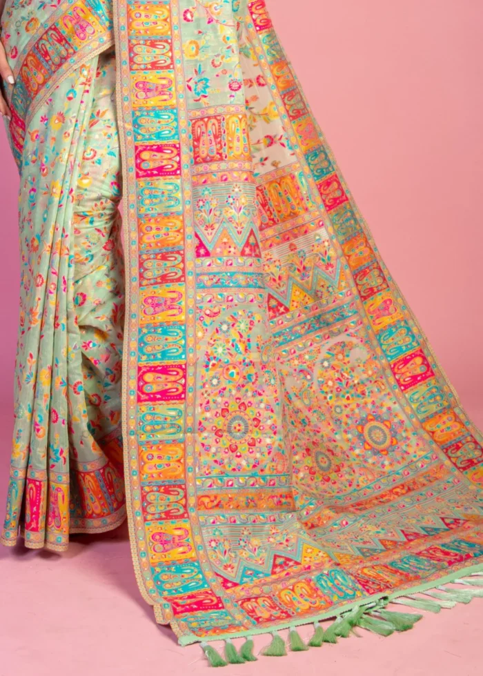 Pista Green Kashmiri Jamawar Pashmina Saree