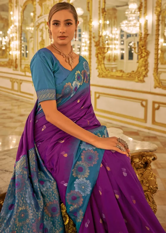 Purple Banarasi Silk Saree with Blue Blouse