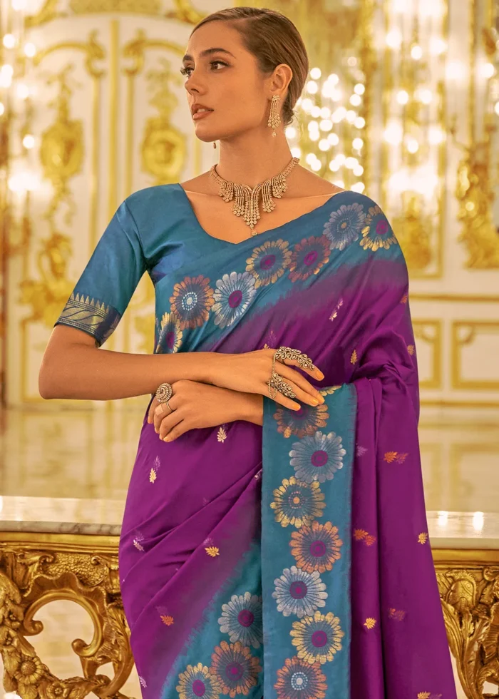 Purple Banarasi Silk Saree with Blue Blouse