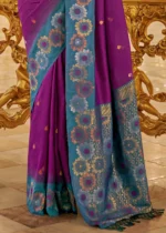 Purple Banarasi Silk Saree with Blue Blouse