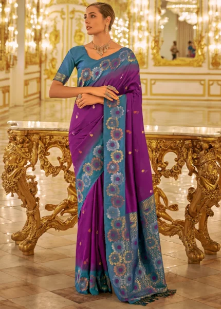 Purple Banarasi Silk Saree with Blue Blouse