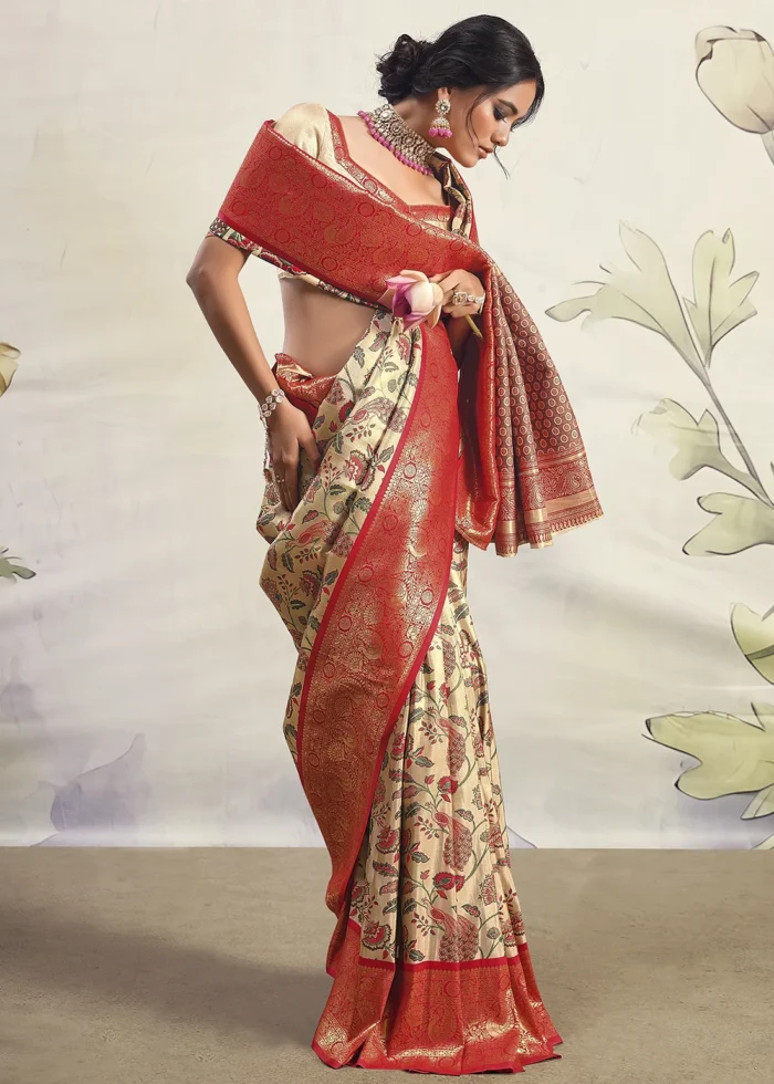 Red and Beige Dharmavaram Silk Saree