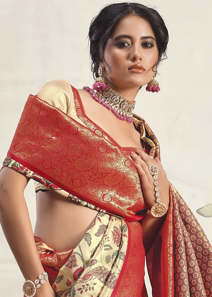 Red and Beige Dharmavaram Silk Saree