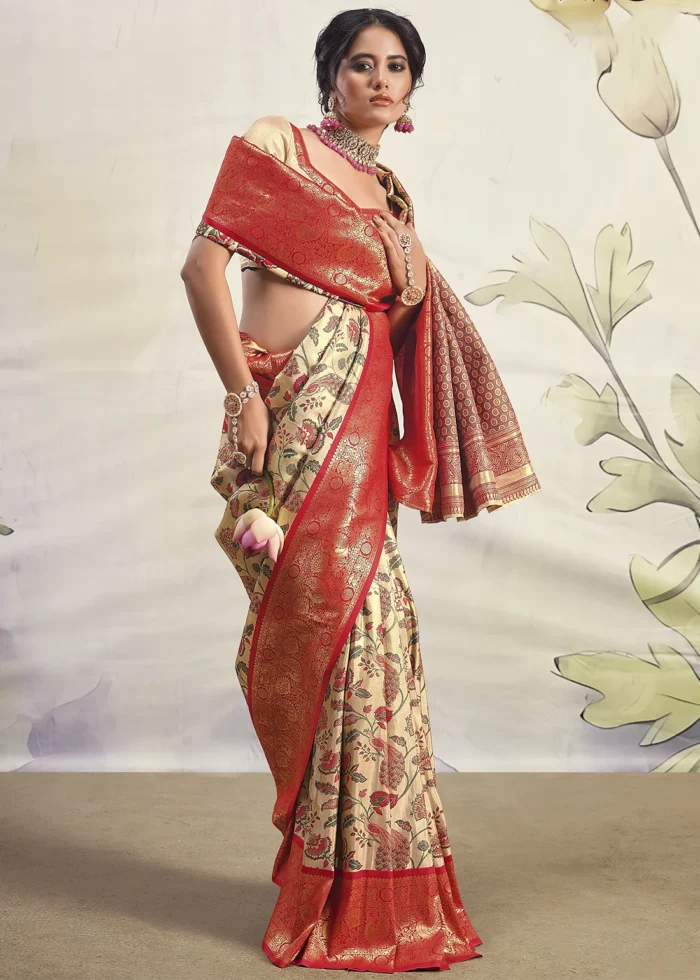 Red and Beige Dharmavaram Silk Saree