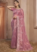 Rose Pink Embroidered Net Saree with Stone Work