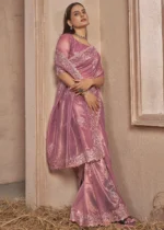 Rose Pink Embroidered Net Saree with Stone Work