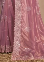 Rose Pink Embroidered Net Saree with Stone Work