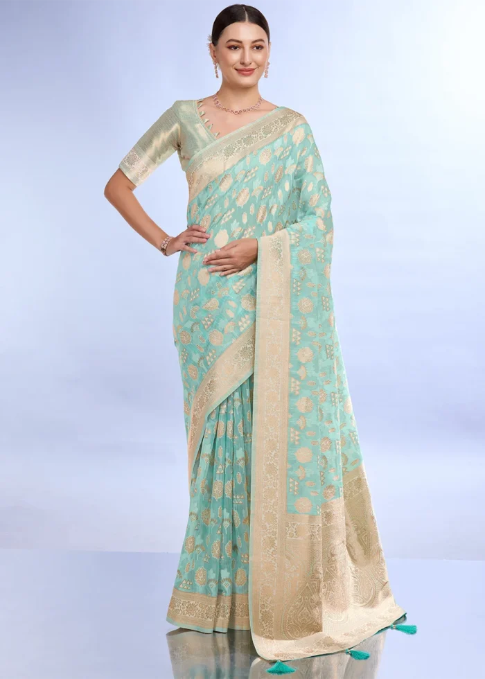 Sea Green Banarasi Organza Silk Saree