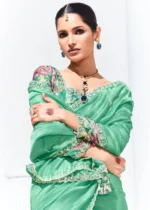 Sea Green Embroidered Organza Silk Saree