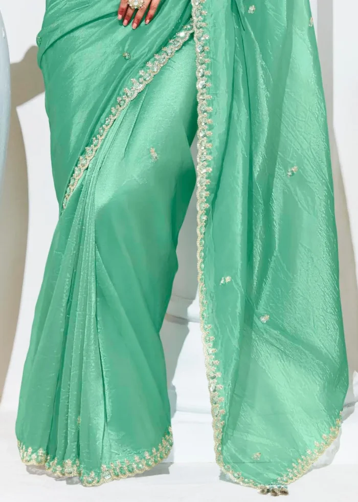 Sea Green Embroidered Organza Silk Saree