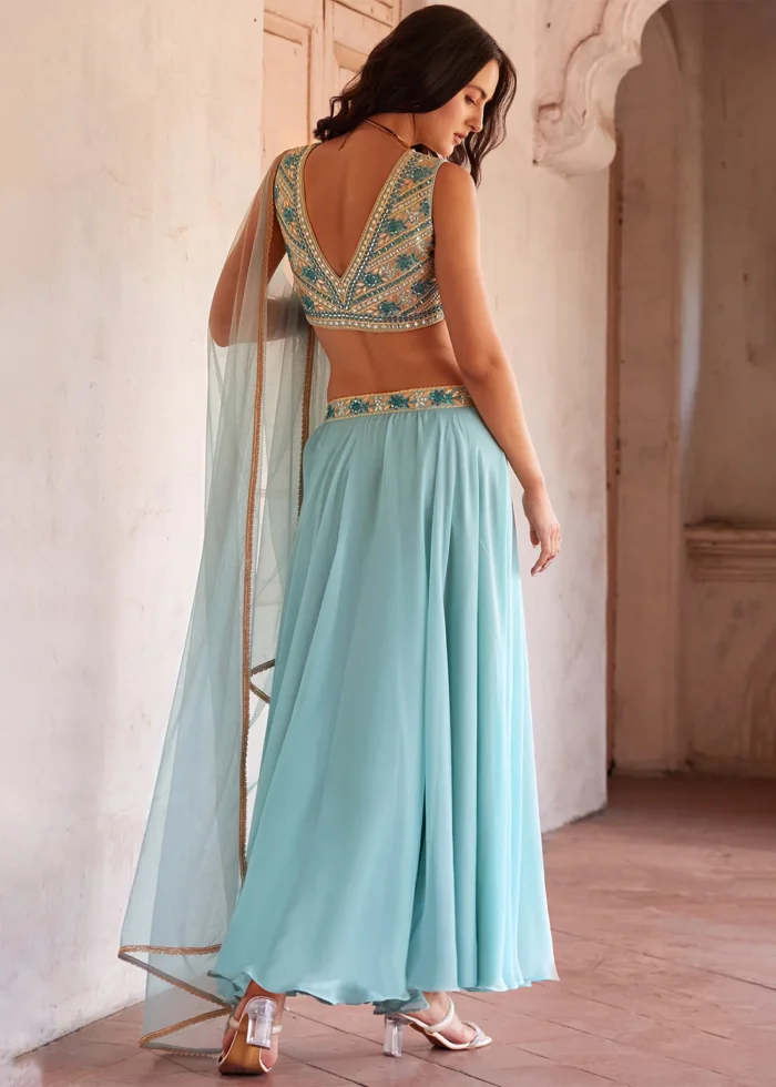 Sky Blue Embroidered Georgette Crop Top Skirt