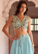 Sky Blue Embroidered Georgette Crop Top Skirt