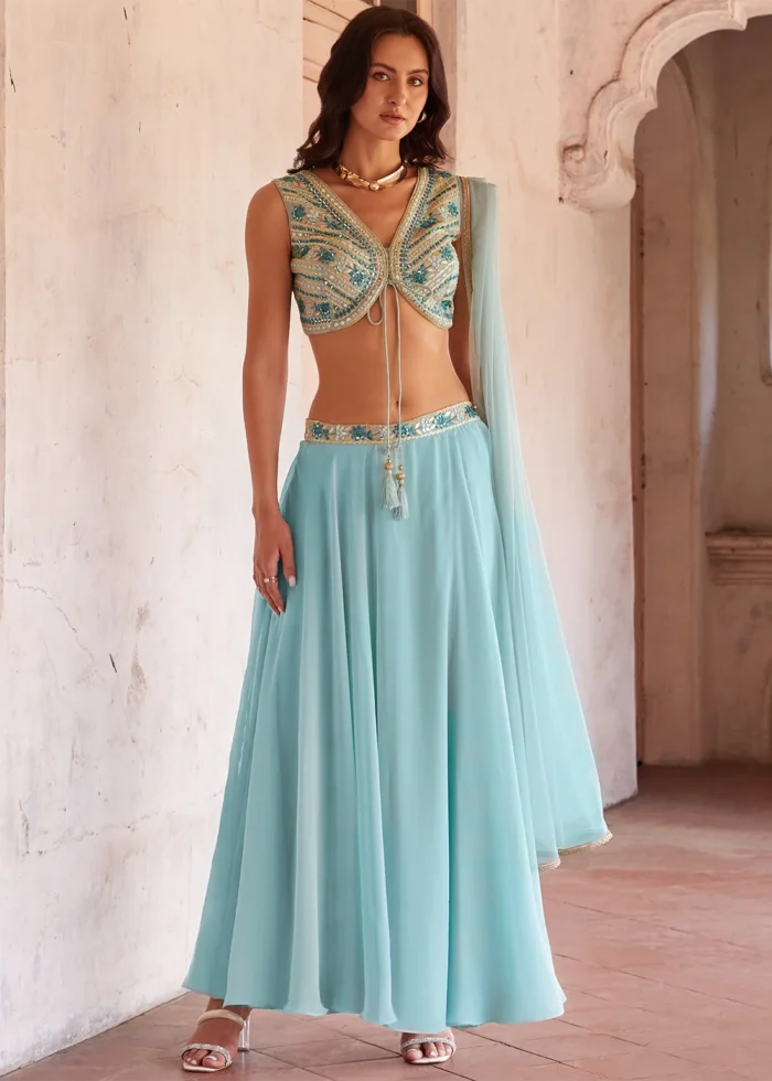 Sky Blue Embroidered Georgette Crop Top Skirt