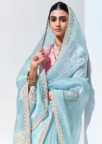 Sky Blue Embroidered Organza Silk Saree