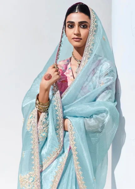 Sky Blue Embroidered Organza Silk Saree