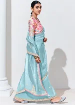 Sky Blue Embroidered Organza Silk Saree