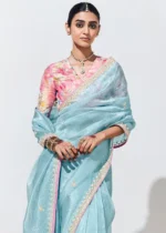 Sky Blue Embroidered Organza Silk Saree