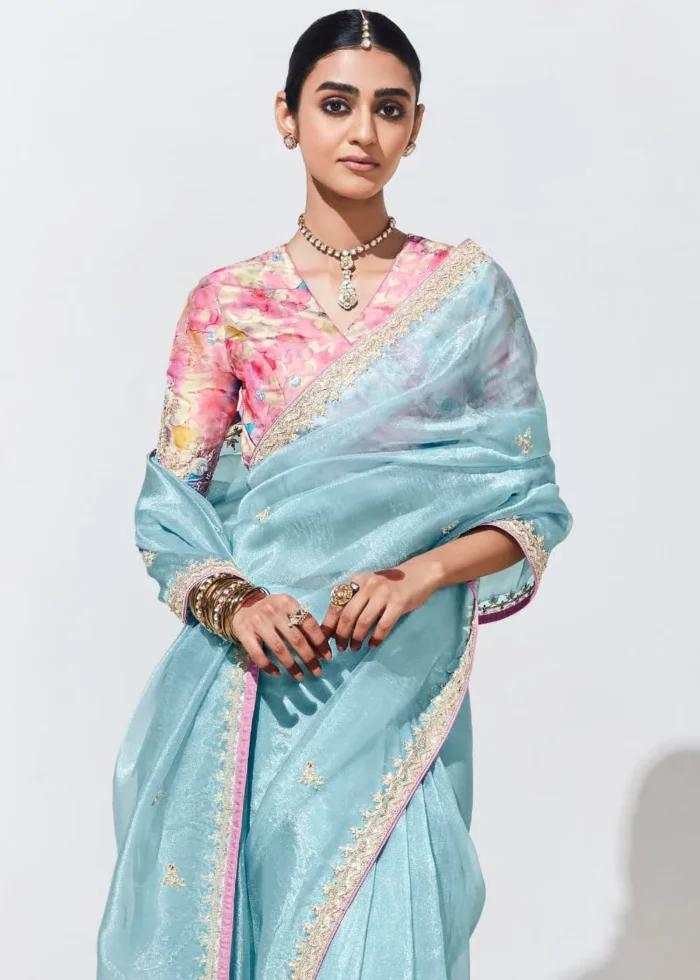 Sky Blue Embroidered Organza Silk Saree