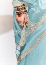 Sky Blue Embroidered Organza Silk Saree