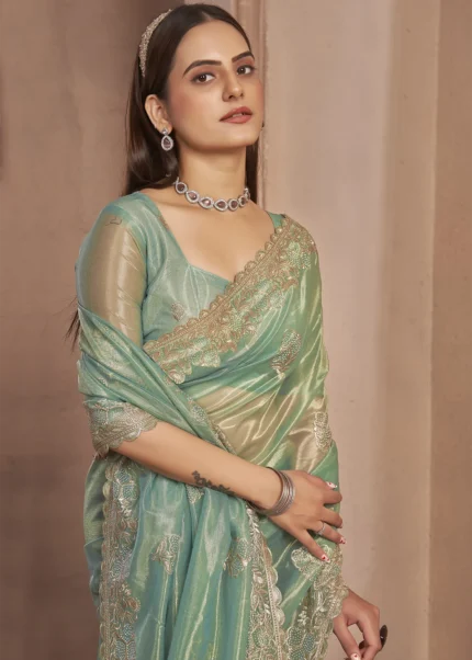 Teal Embroidered Net Saree with Stone Work