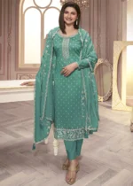 Teal Georgette Silk Printed Suit