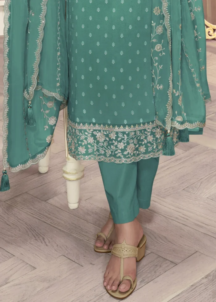 Teal Georgette Silk Printed Suit