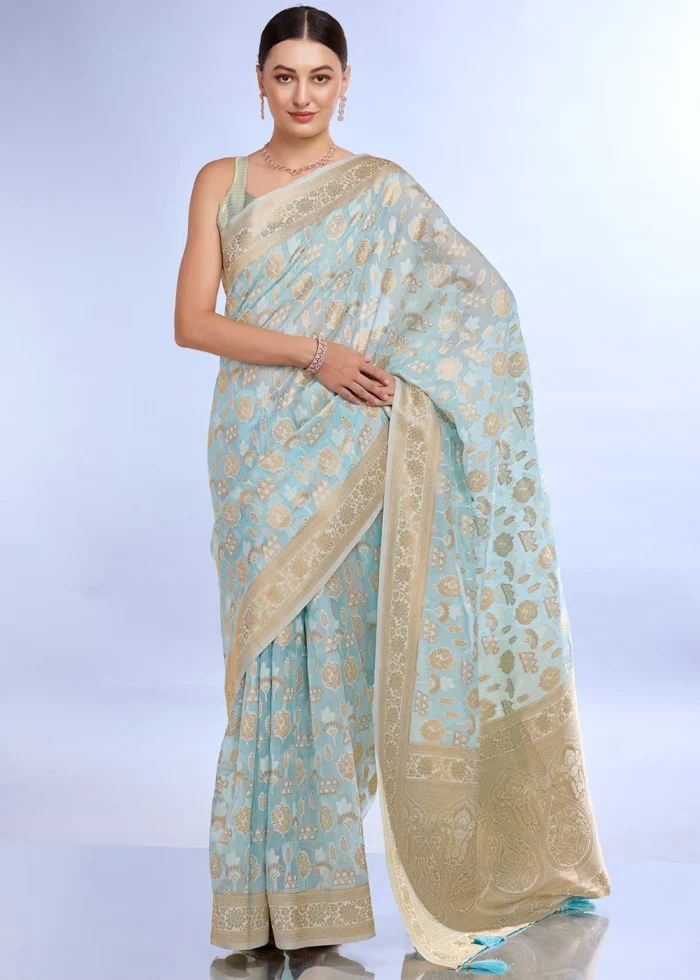 Turquoise Blue Banarasi Organza Silk Saree