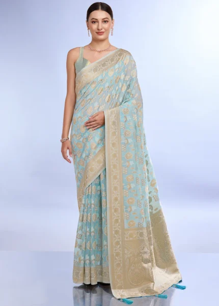 Turquoise Blue Banarasi Organza Silk Saree