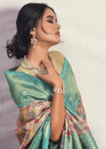 Turquoise and Beige Dharmavaram Silk Saree