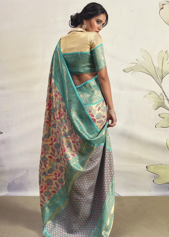 Turquoise and Beige Dharmavaram Silk Saree