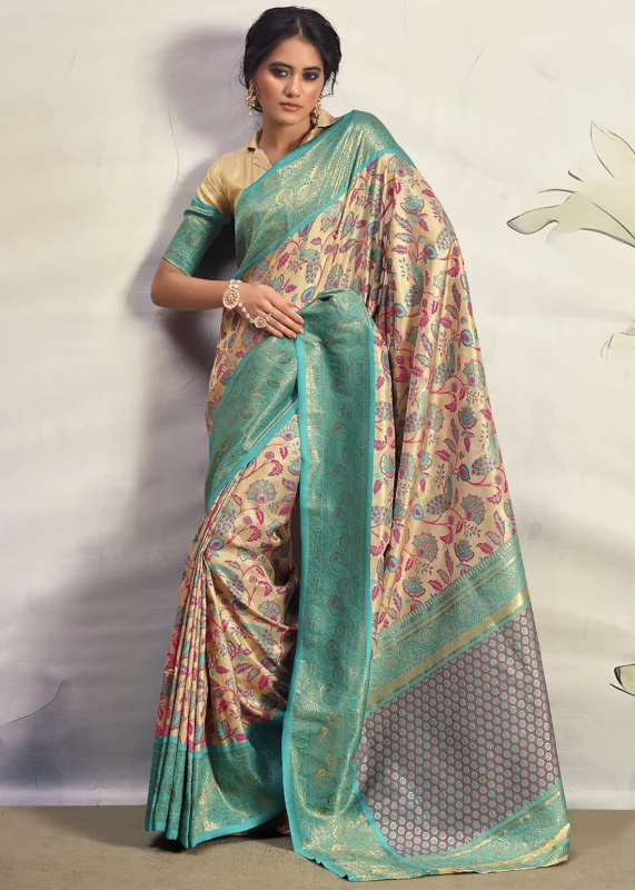 Turquoise and Beige Dharmavaram Silk Saree