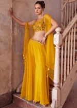 Yellow Embroidered Georgette Crop Top Sharara with Shrug