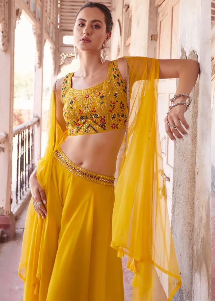 Yellow Embroidered Georgette Crop Top Sharara with Shrug