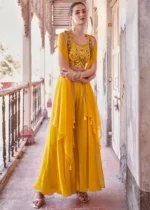 Yellow Embroidered Georgette Crop Top Sharara with Shrug