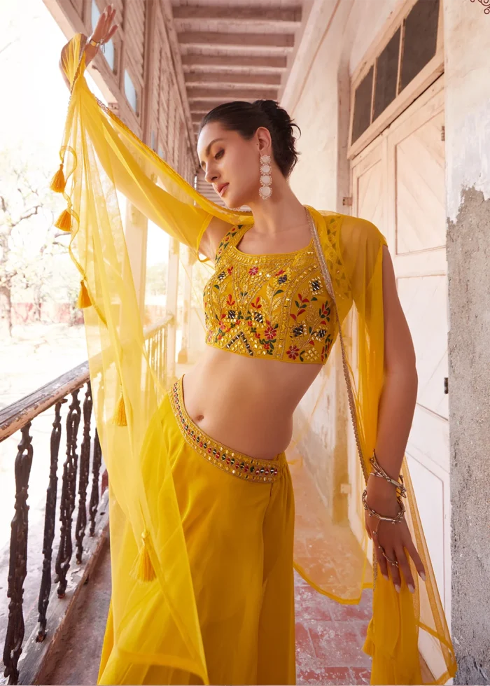 Yellow Embroidered Georgette Crop Top Sharara with Shrug