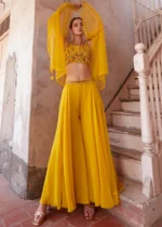 Yellow Embroidered Georgette Crop Top Sharara with Shrug