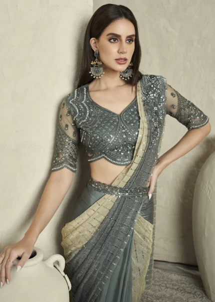 Army Green Ready to Wear Designer Saree